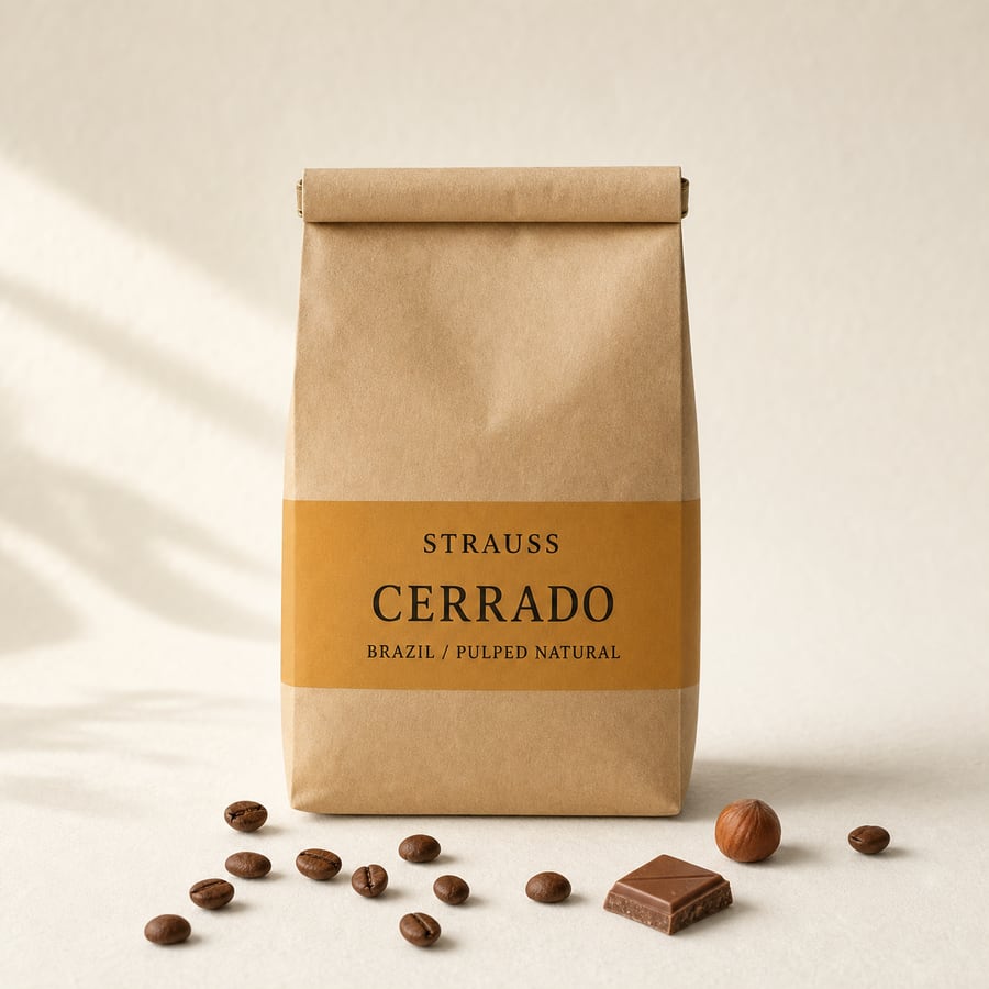 Strauss Cerrado bag with a warm ochre label band, coffee beans, a hazelnut and a broken square of milk chocolate on warm paper.