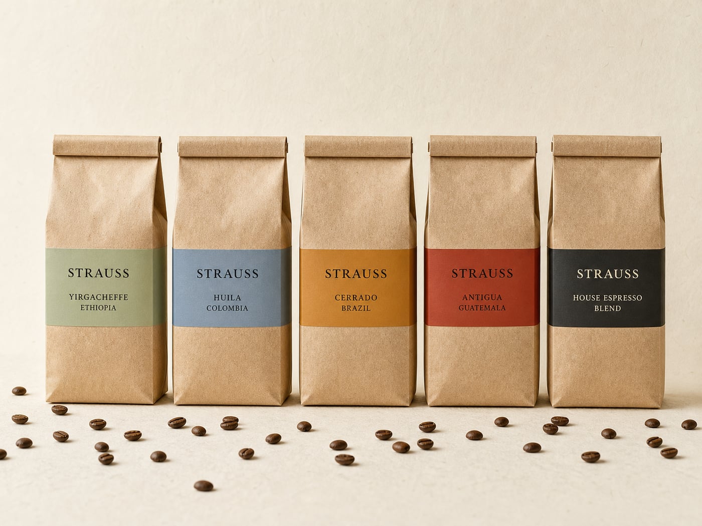 Five kraft paper Strauss coffee bags in a row, each with a different coloured label band, on a warm paper ground with scattered whole beans.
