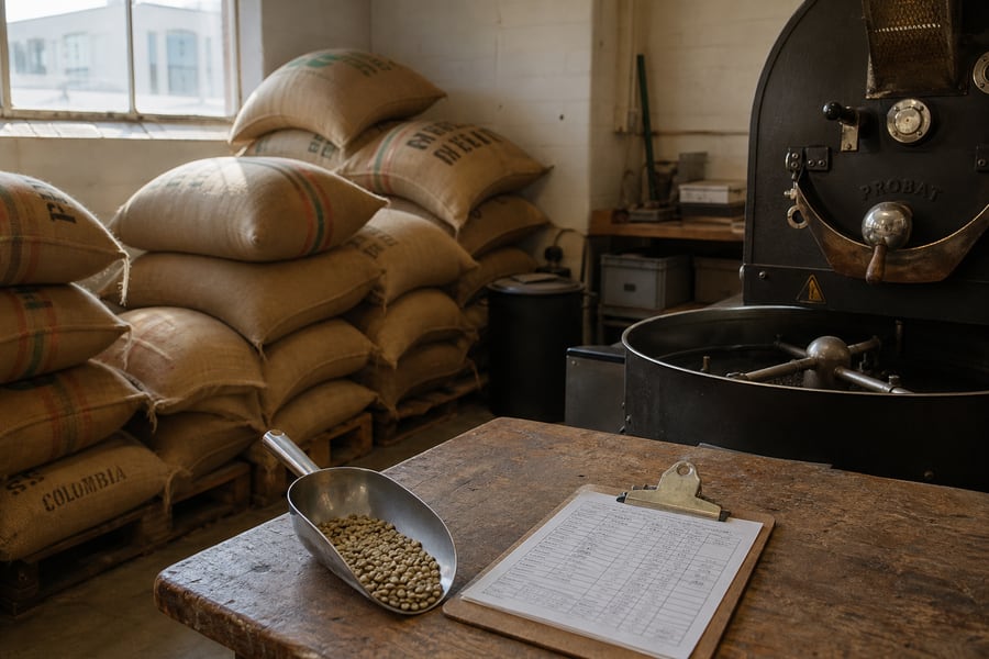 Interior of the Strauss roastery, stacked green sacks, a Probat roaster, a batch clipboard on a worktable.