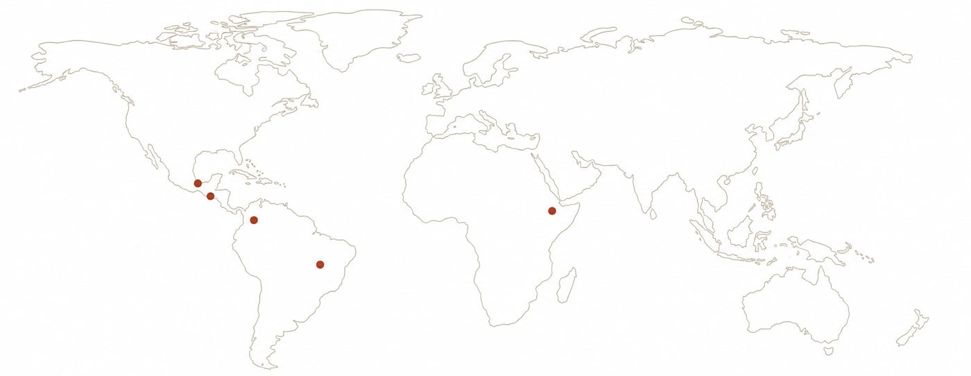 A thin-line world map with five terracotta dots marking the farms in Ethiopia, Colombia, Brazil and Guatemala.