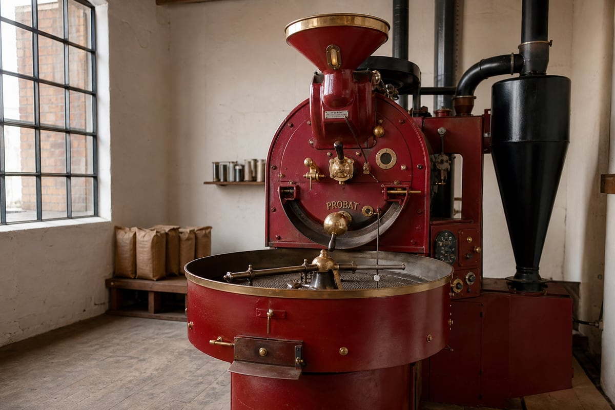 A red cast-iron Probat drum roaster in the Strauss roastery, warm daylight through a tall industrial window.